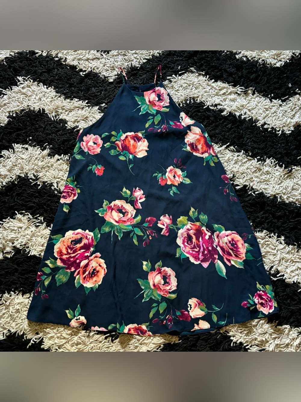 Everly Navy Blue Mock Neck Pink Floral Formal Knee Length Dress Women’s Small